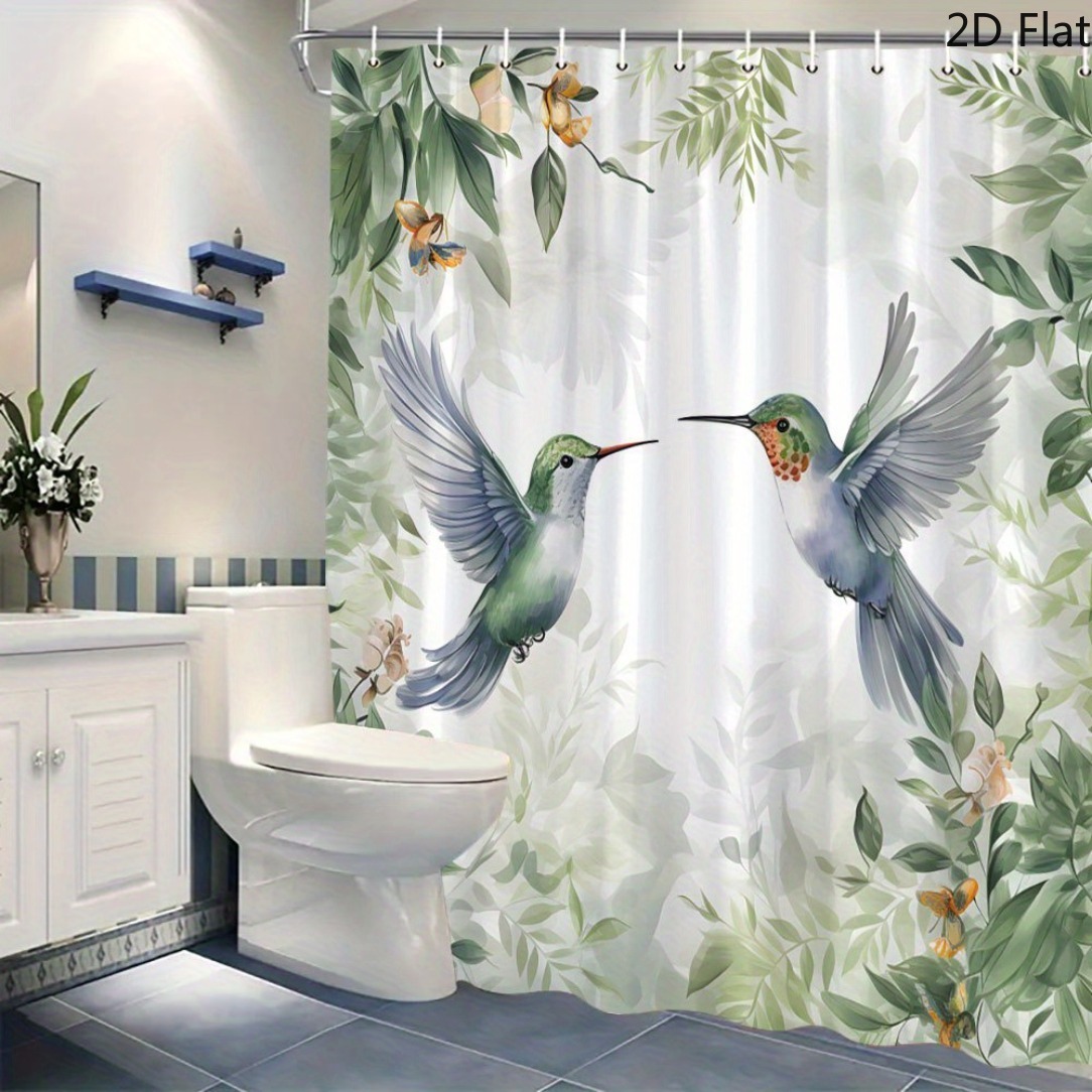 TEMU Plat 2D, Rideau de Douche Plat 2D, 1 pièce Rideau de Douche Vert, Décoration de Salle de Bain avec Ailes Brillantes, Fleurs Oranges Délicates,