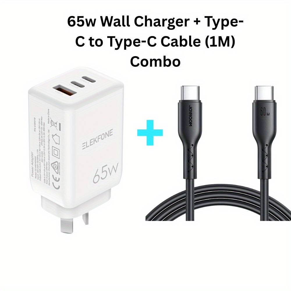TEMU 65w Wall Charger With Cable Combo, Dual Usb-c And Usb Ports, Au/ Nz Plug, Compact And Adapter For Laptops, Phones, Tablets And More