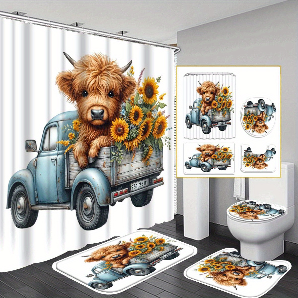 

Highland Cow 1/ 4pcs Shower Curtain Set, Bathroom Decoration, Waterproof Fabric Shower Curtain Set With 12 Hooks, Non-slip Bathroom Rug, U-shaped Toilet Mat, Toilet Seat Cover, Idea Gift