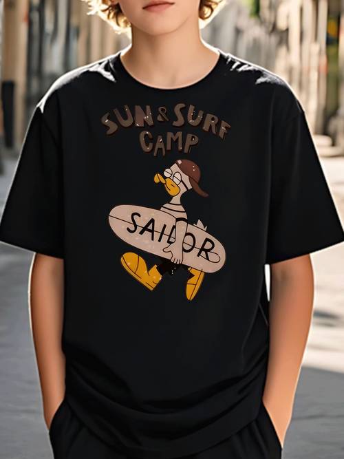 boys t shirt casual trendy camp cartoon duck sailor surfboard pattern for boys ages 5 13 street style holiday gift casual wear