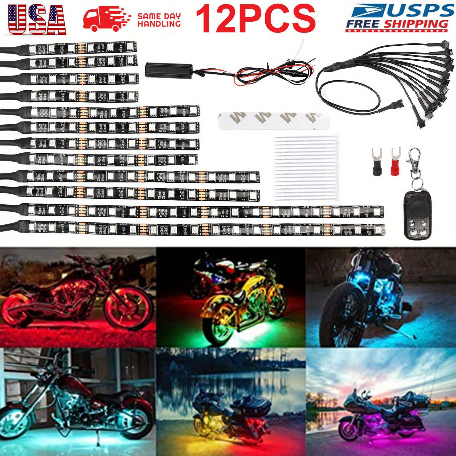 TEMU 12pcs Motorcycle Rgb Led Neon Under Glow Lights Strip Kit For For , Without Battery