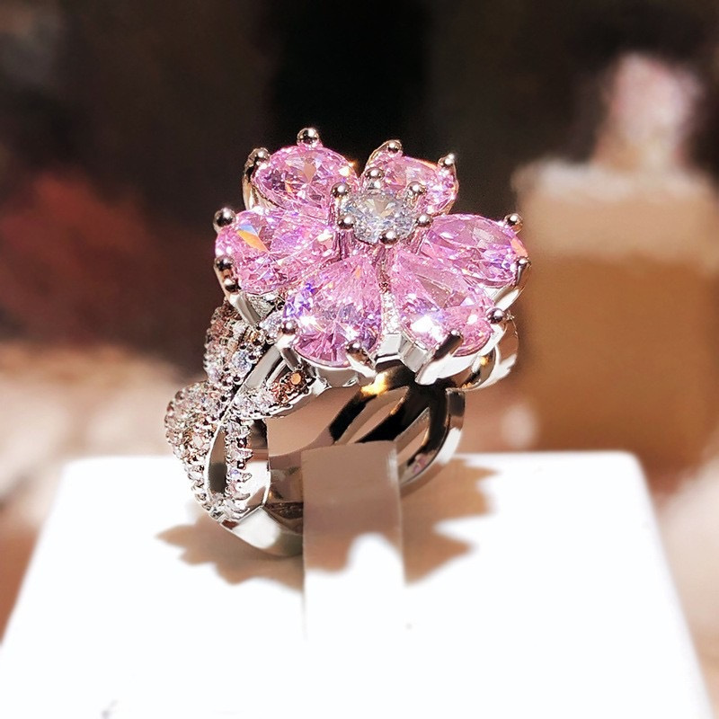 TEMU Elegant Pink Floral Engagement Ring For Women - Sparkling Cubic Zirconia Accents, Alloy Band, Anniversaries, Valentine's Day, And Birthdays