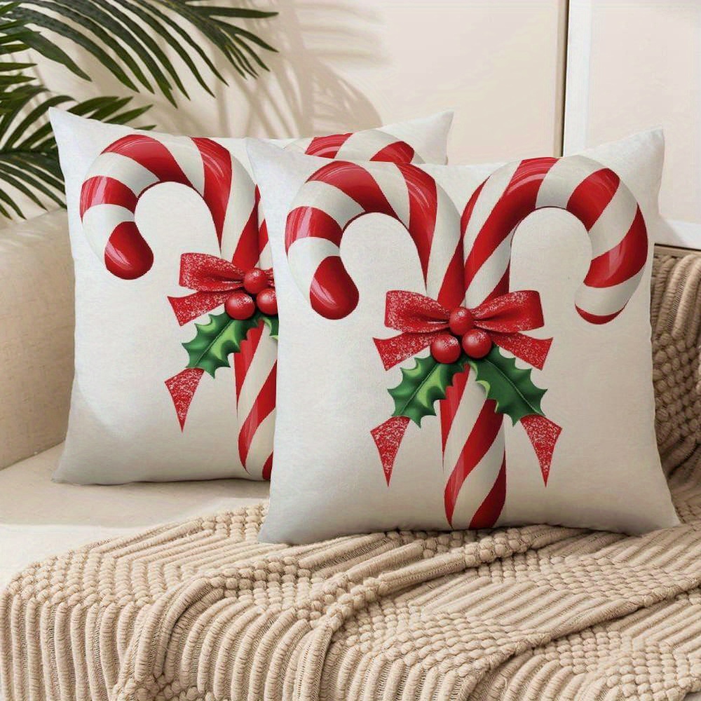 

2pcs Candy Cane Bow Pillow Covers 18x18 Inch Set Of 2 Short Plush Pillow Cases For Sofa Living Room Outdoor