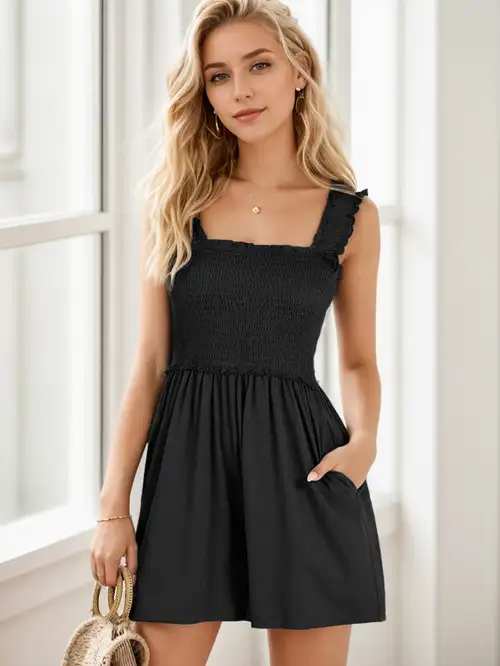 women sleeveless romper square collar ruffle straps flowy short jumpsuit with pockets - women's clothing - Temu women sleeveless romper square collar ruffle straps flowy short jumpsuit with pockets - women's clothing - Temu