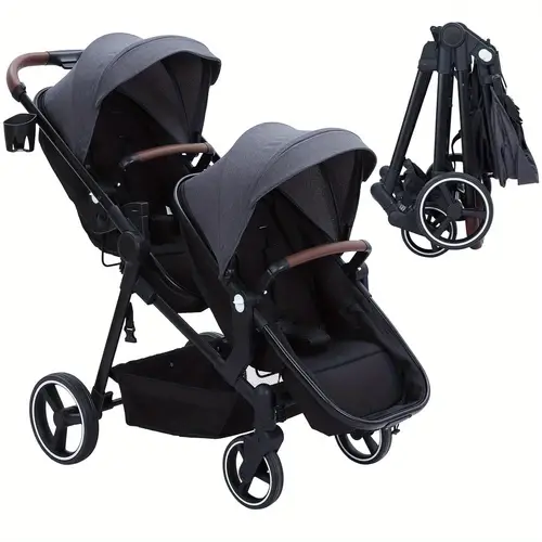 double track tandem stroller foldable bassinet pram for infant and toddler multi position reversible pushchair with large storage basket adjustable backrest canopy dark gray