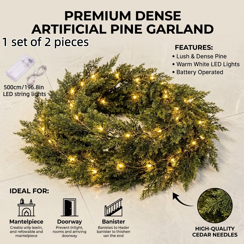 TEMU 1 Set 2pcs Artificial Cedar Garland With 500cm Led String Lights, 2 Sizes 180cm/200cm (70.87in/78.78in) Simulated Cedar Branch Vine, Indoor