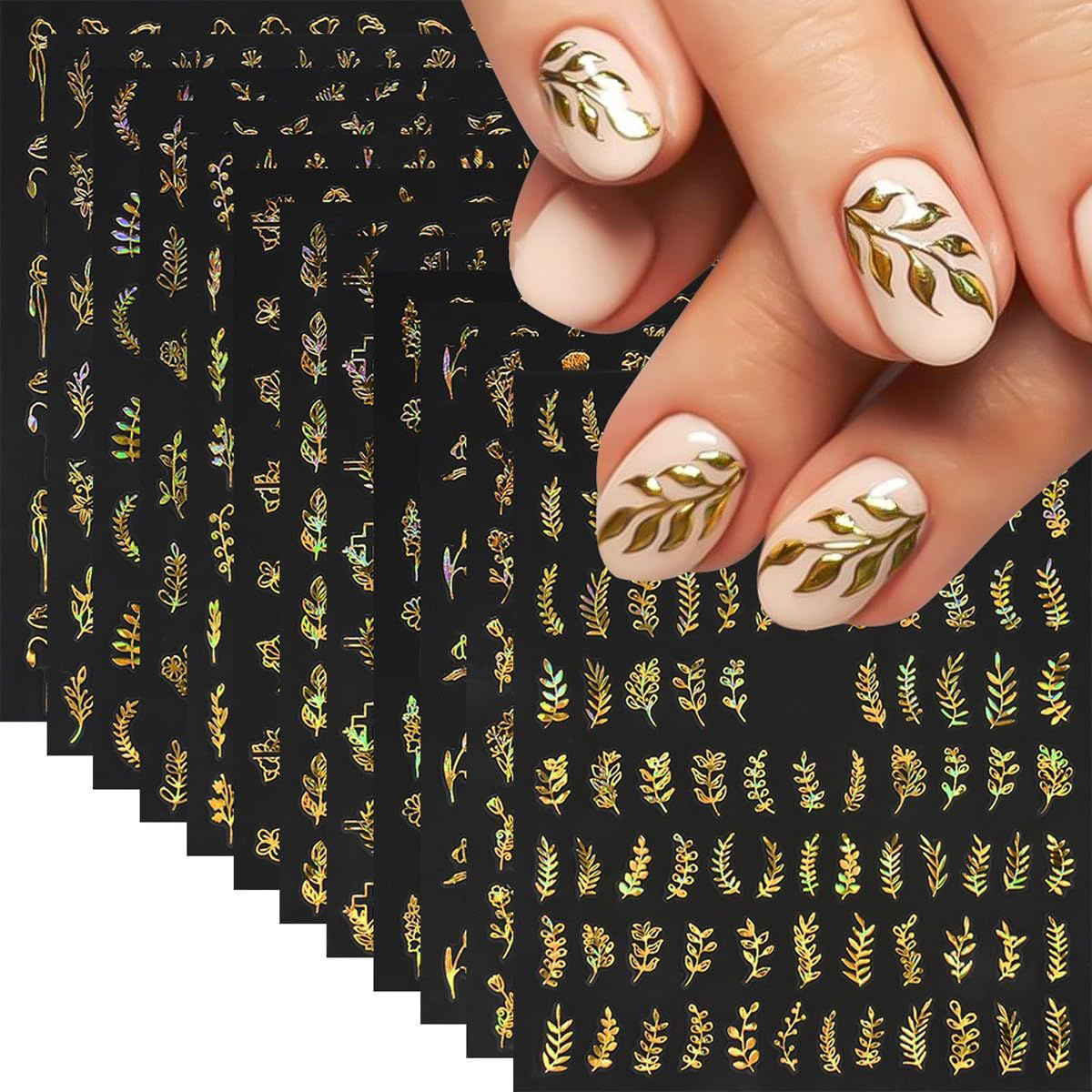 TEMU 12 Feuilles d'Autocollants pour Ongles Feuille Dorée d'Automne, Décalcomanies Autoadhésives à Motif Végétal pour Manucure DIY - Fournitures de