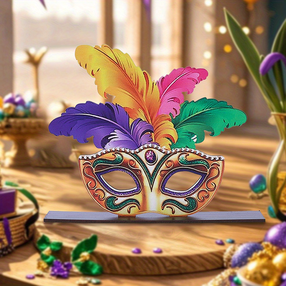 

[1pc Mardi Gras Feather Mask Wooden Decoration] 1pc Mardi Gras Feather Mask Wooden Tabletop Decoration, Multipurpose Carnival-themed Decor, Holiday Centerpiece, No Text Wood Ornament For Shelf Display