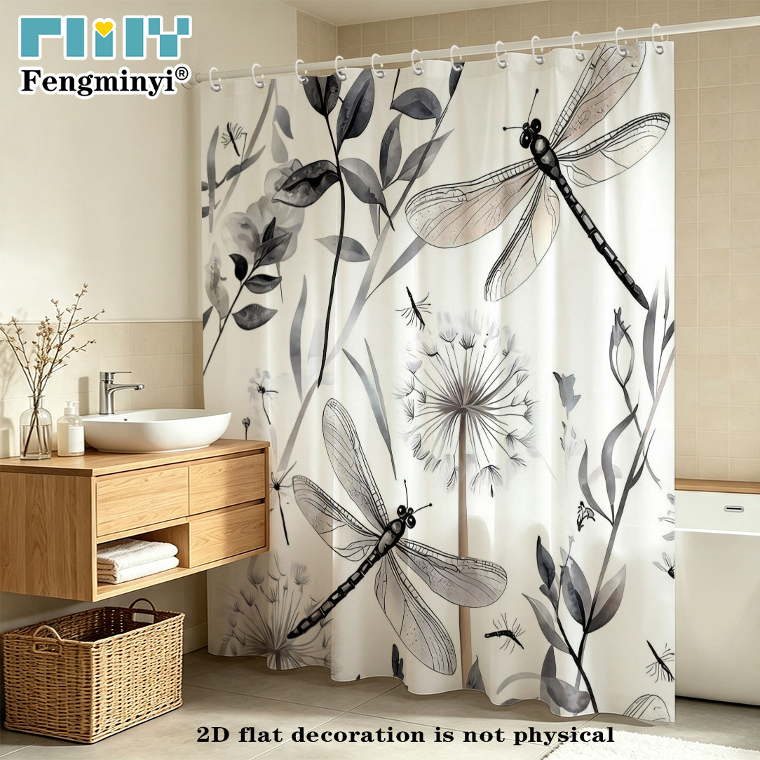 TEMU 2d Flat, 2d Curtain 1pc, Featuring A Dragonfly And Dandelion Pattern In A Gray, Black, And White Watercolor Style. Made Of Durable, Includes