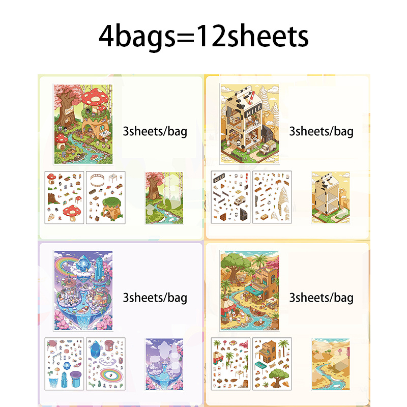 Image of 4 Bags (12 Sheets In Total) Scene Stickers, Suitable For Roller Skating And Cycling , Cups, Stationery Boxes, Desktop Diary Decoration, And Notebook Accessories