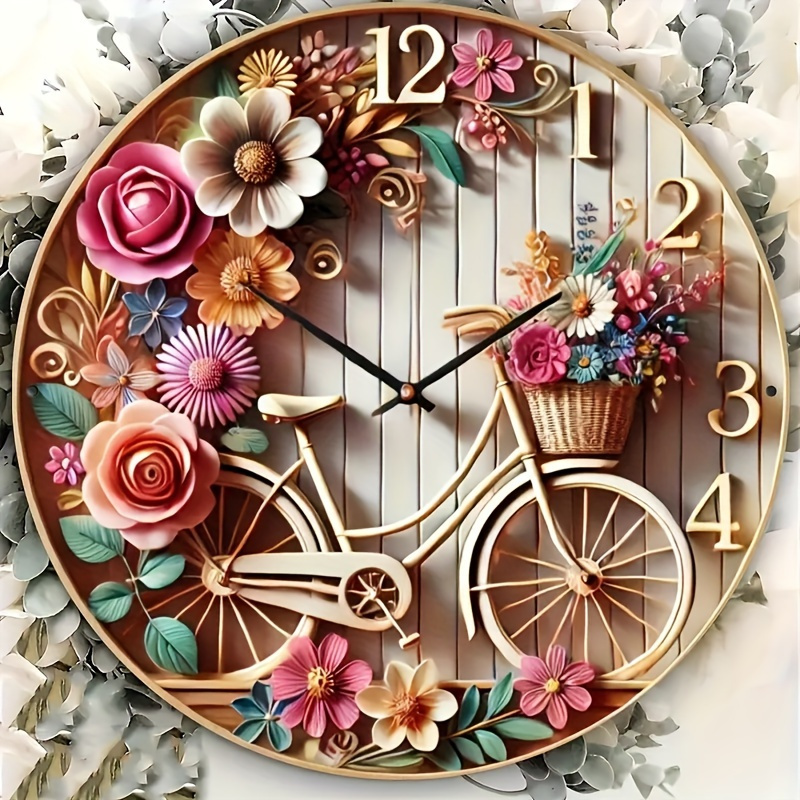 

Floral Bicycle Wall Clock-2d Printed Wood Decoration, Perfect Gifts For Moms, Suitable For Living Room Art