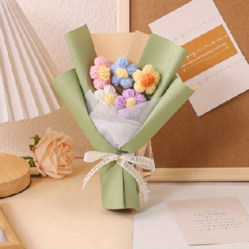 TEMU 1pc Knitted Daisy Bouquet Decoration - Fabric , Battery-free, Ideal For Valentine's Day Diy Gift Accessories & Home Decor, Decorative