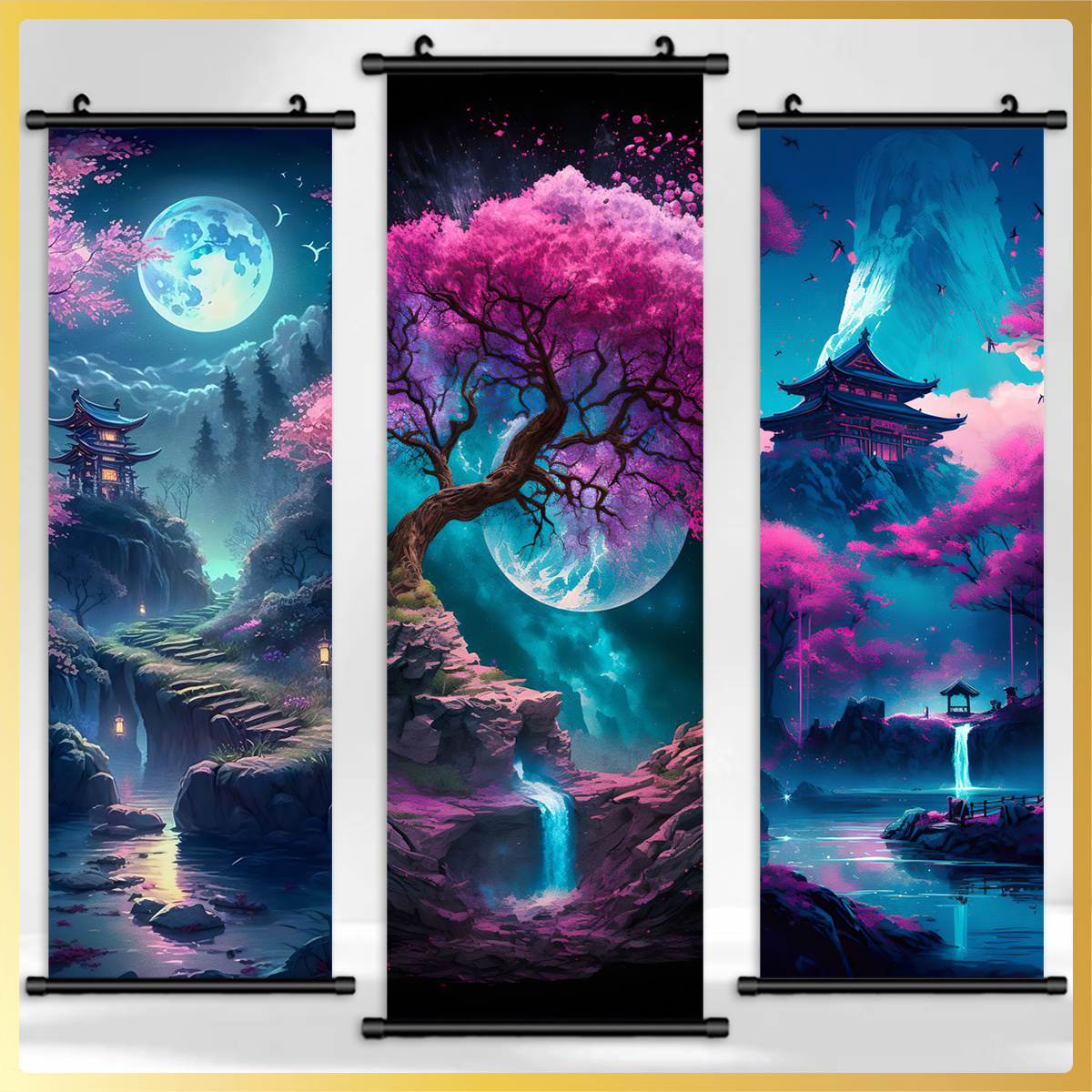 E-shop 2D Flat, 2D Flat, 3er-Set wunderschöne, rahmenlose japanische Landschafts-Rollenposter, mit Fantasy- und mystischen Kunststilen, perfekte