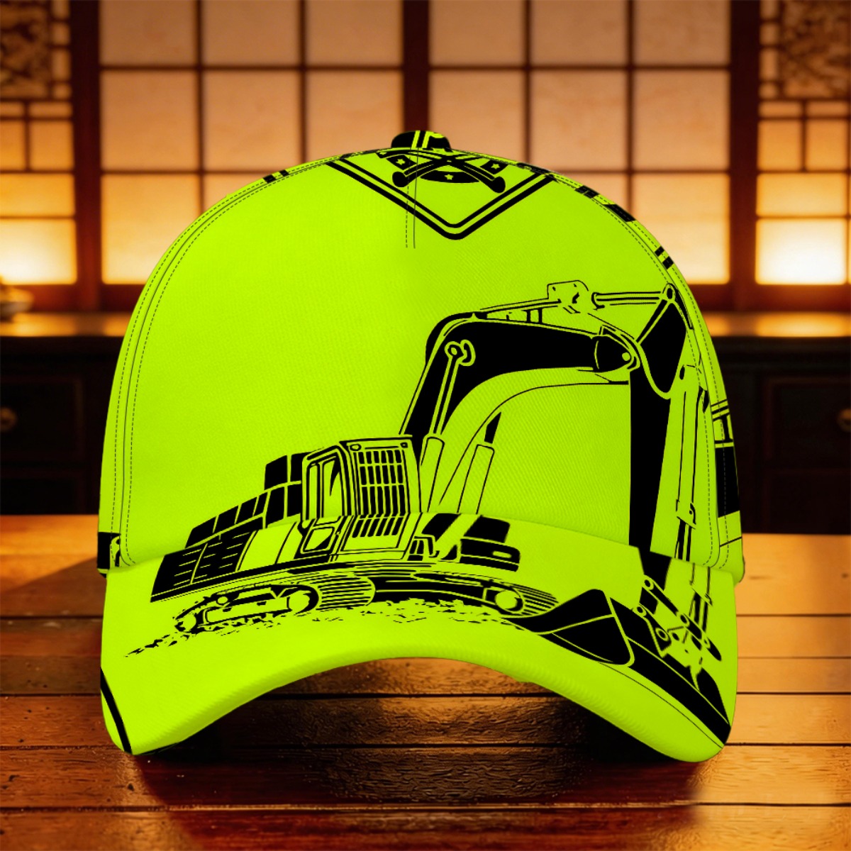 TEMU 1pc Excavator Skull Warning Sign Black-yellow Line Art Illustration Baseball Cap Hiking Gear Breathable & Lightweight Jogging Beach Full Print