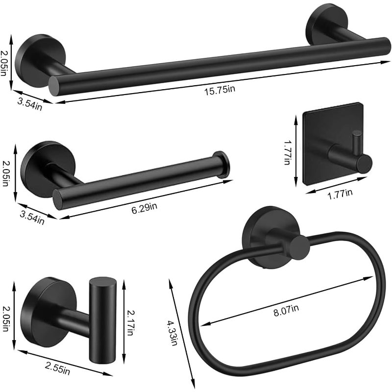 TEMU 5pcs Matte Black Bathroom Accessories Set, Stainless Steel Towel Bar, Towel Ring, Toilet Paper Holder & Robe Hooks, Modern Wall-mounted Bathroom