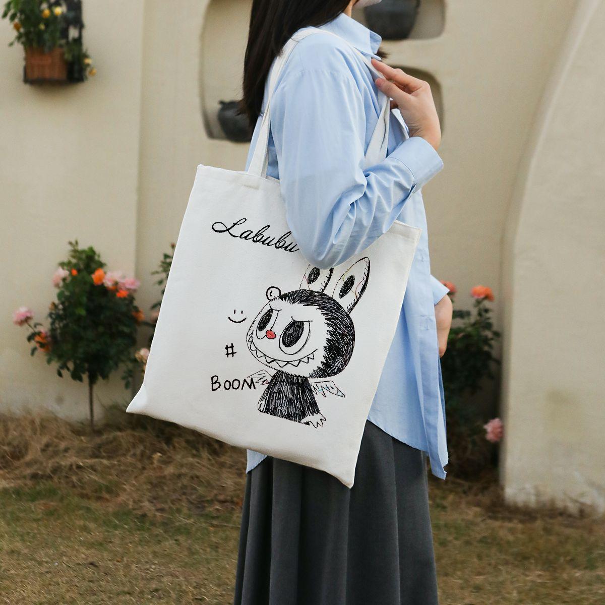 

Labubu Cartoon Canvas Tote Bag With Fixed Shoulder Strap For - Hand Washable, Foldable Tote, , Shoulder Bag (1pc)