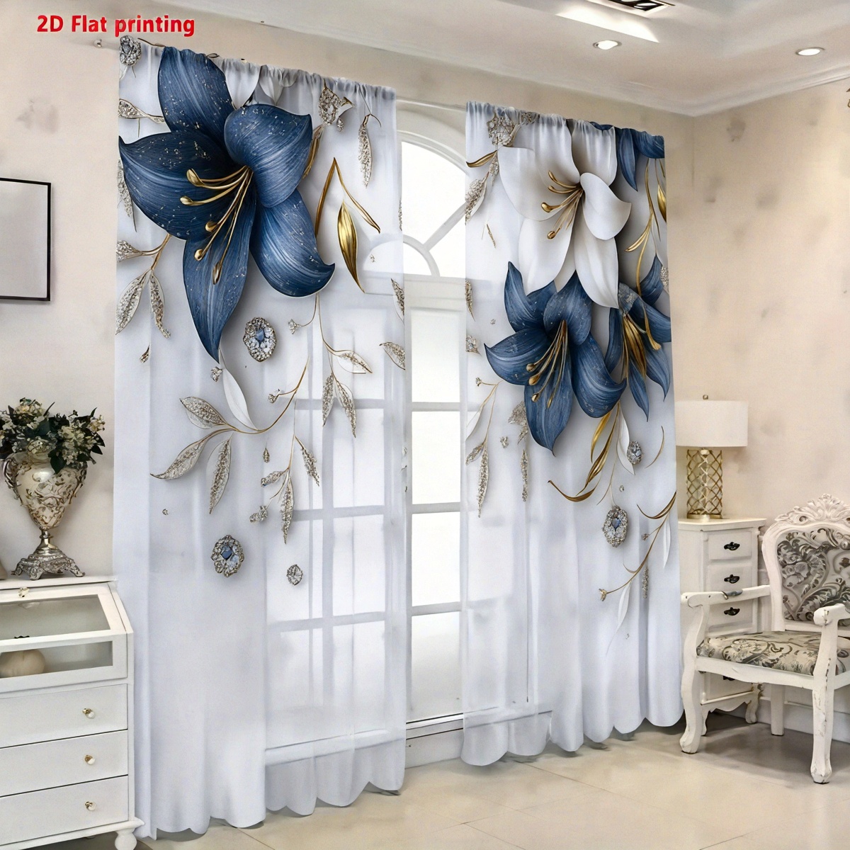 TEMU 2d Flat - 2d Flat - 2d Flat, 2d Flat Printing 2pcs Set Elegant Blue And Floral Curtains With Golden Embellishments Polyester Material Rod Soft