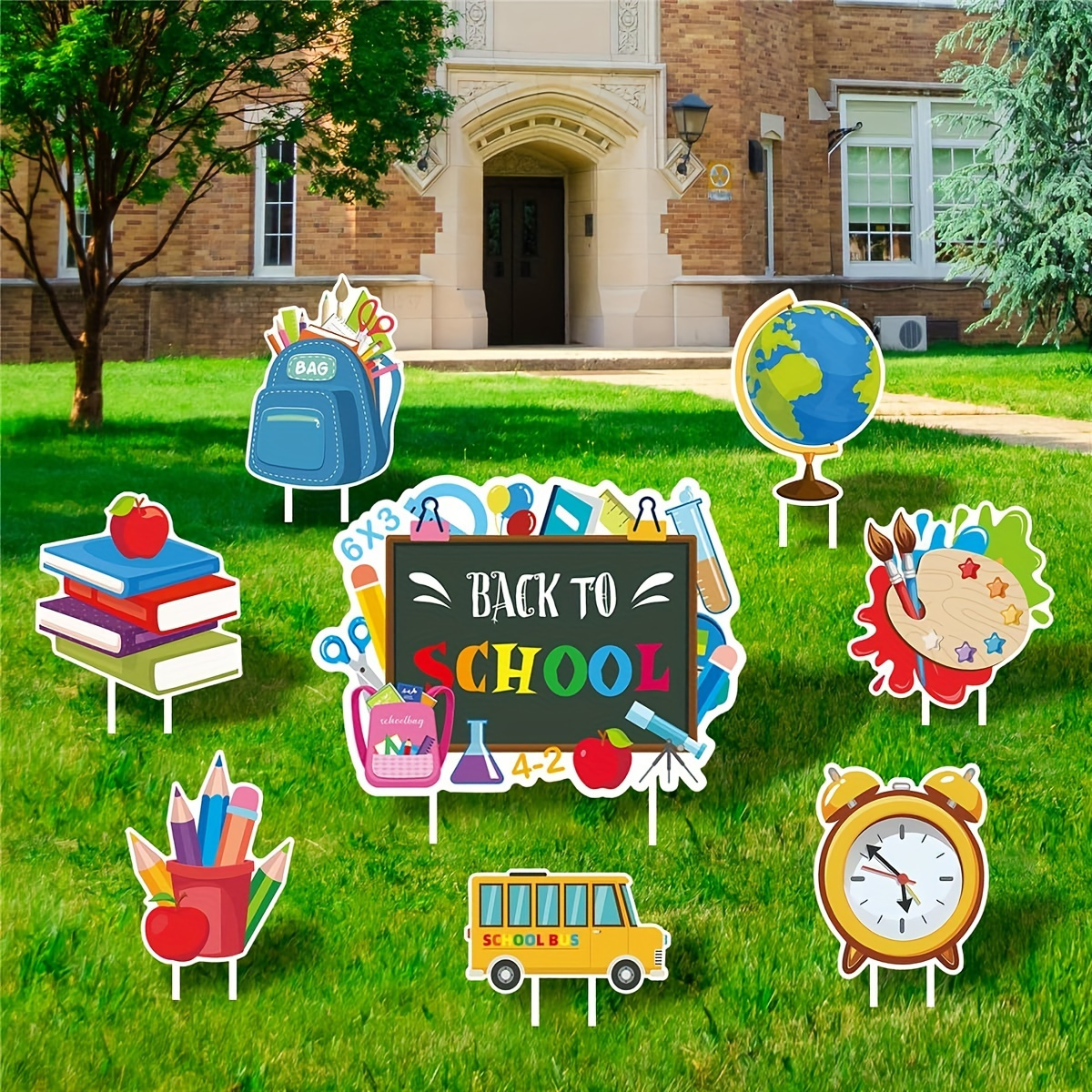 8pcs Back to School Yard Signs - Welcome Back Lawn Decorations with Stakes, Durable Plastic Retro Outdoor Party Decor for Graduation, Congratulations & School Celebrations, Graduation Yard Sign Decorations, Playful Educational Motifs, Easyinstall Stakes, Vintage Motifs, Weatherresistant Material, Event Organizers