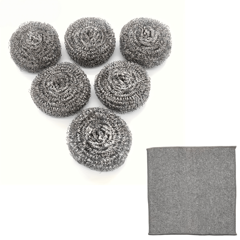 TEMU 7pcs Cleaning Balls (6pcs)   Cleaning Cloth (1pc) - Small Stainless Steel Scouring Pads - Dishwashing Pads - Heavy-duty Steel For Kitchen,