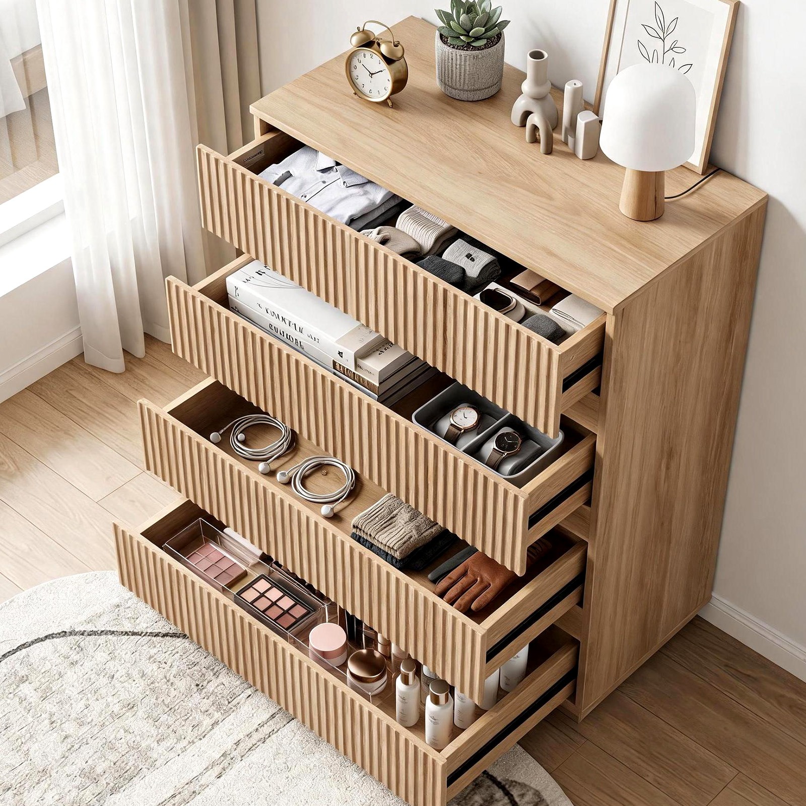 Image of Fluted Dresser Chest Of 4 Drawers, Modern Nightstand Storage Cabinet With Textured End, Space-saving Sideboard Organizer For Bedroom, Living Room, , White