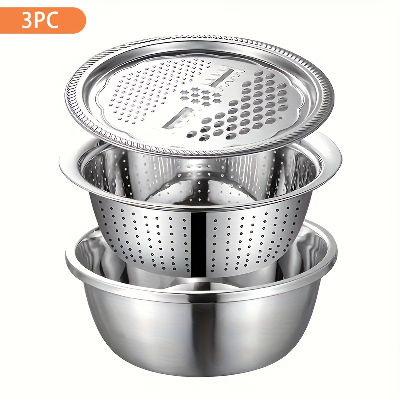 TEMU 3pcs Stainless Steel Kitchen Set, Including An Integrated Grinder, Multi-functional Strainer, And Mixing Bowl, Suitable For Washing And Slicing