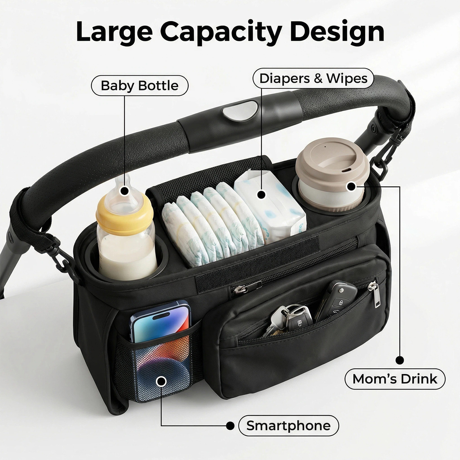 cochidlor youngsterss stroller storage bag heavy duty multi functional with layout bottle diaper wipe holder non slip straps and adjustable shoulder strap   removable phone pocket