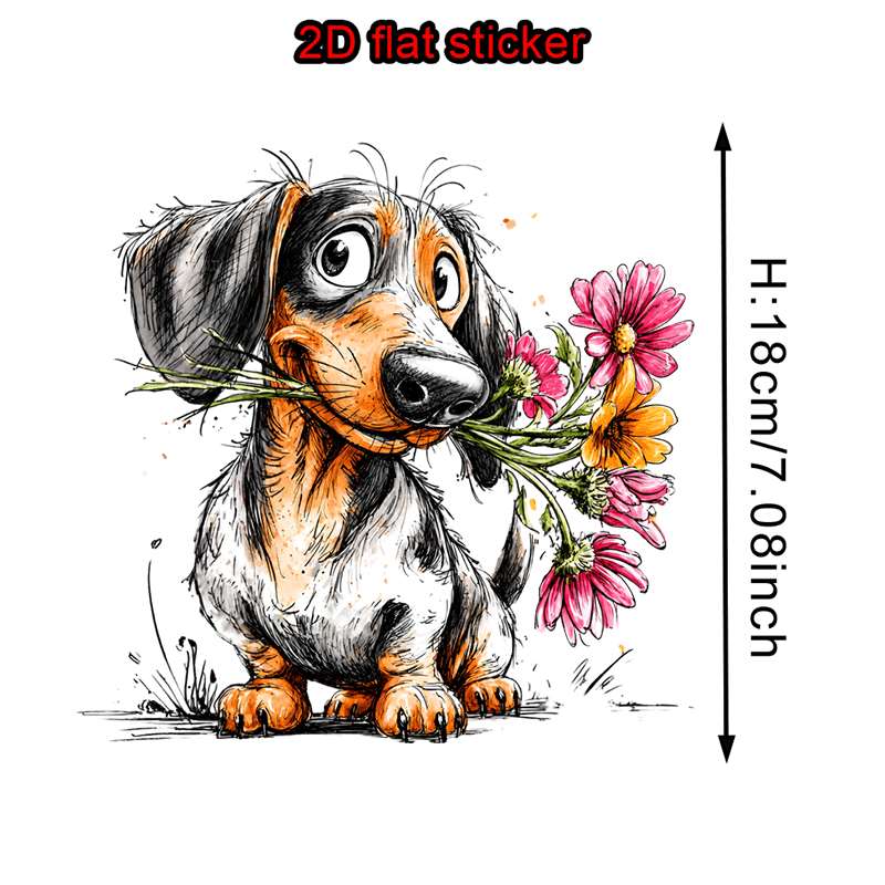 TEMU 3pcs Cute Dachshund Holding A Flower Pattern 2d Flat Iron-on Transfer Stickers, Suitable For T-shirts, Sweatshirts, Jeans, And Throw Pillows,