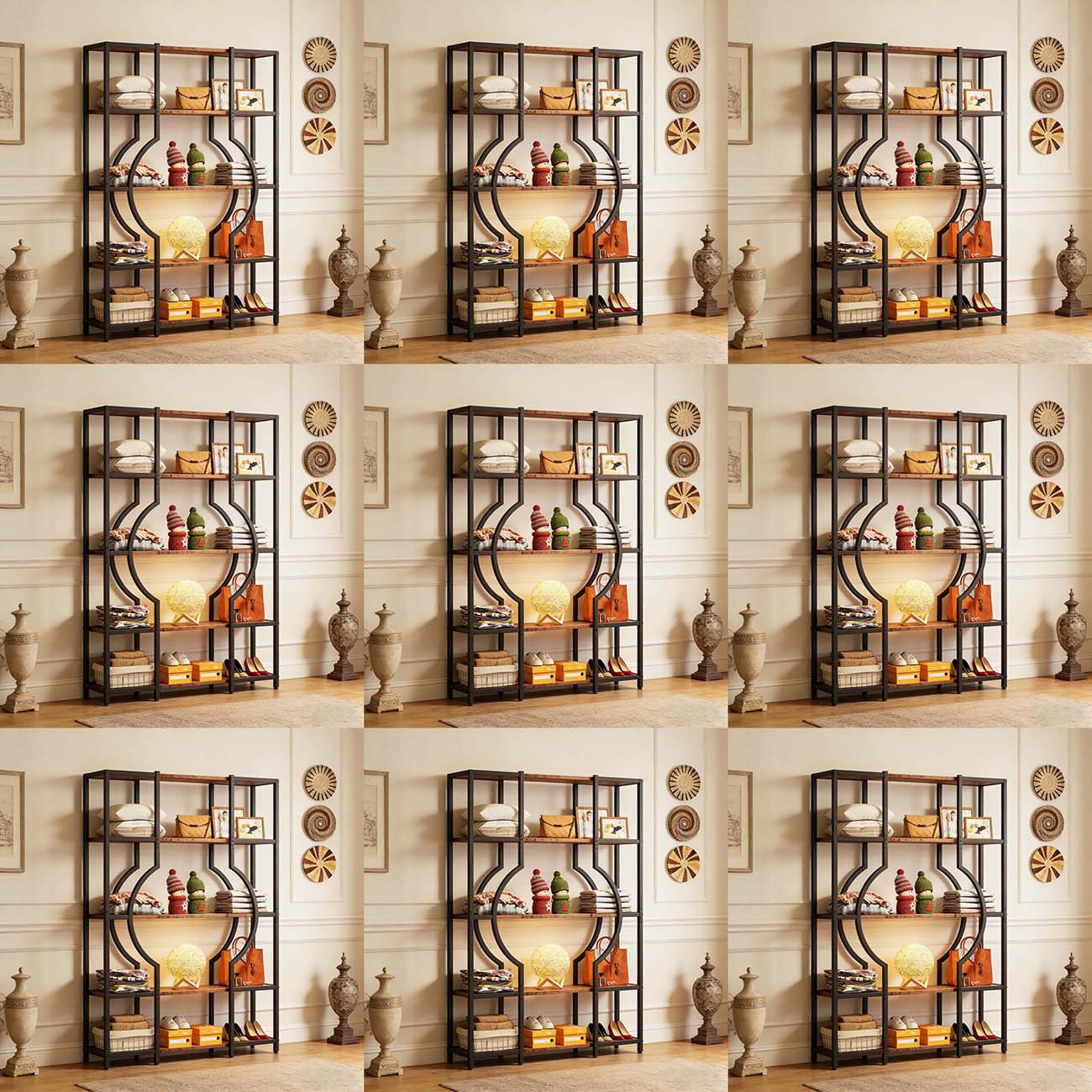 4-tier Tall Vintage Bookcase With 12 Open Display Shelves | Wooden & Metal Frame Storage Shelf For Home Office, Living Room & Bedroom | Brown, Byblight