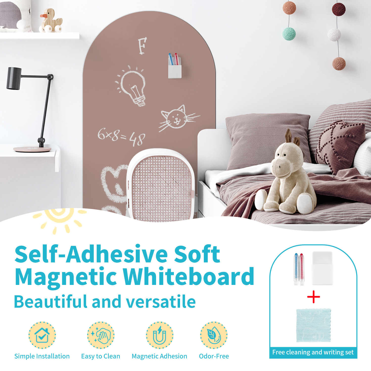 E-shop 2D Flach 1 Stück Bogen Dekorative Magnetische Whiteboard Wandaufkleber, Einfaches Gebogenes Hellbraunes Halbkreis-Muster, Selbstklebend Leicht