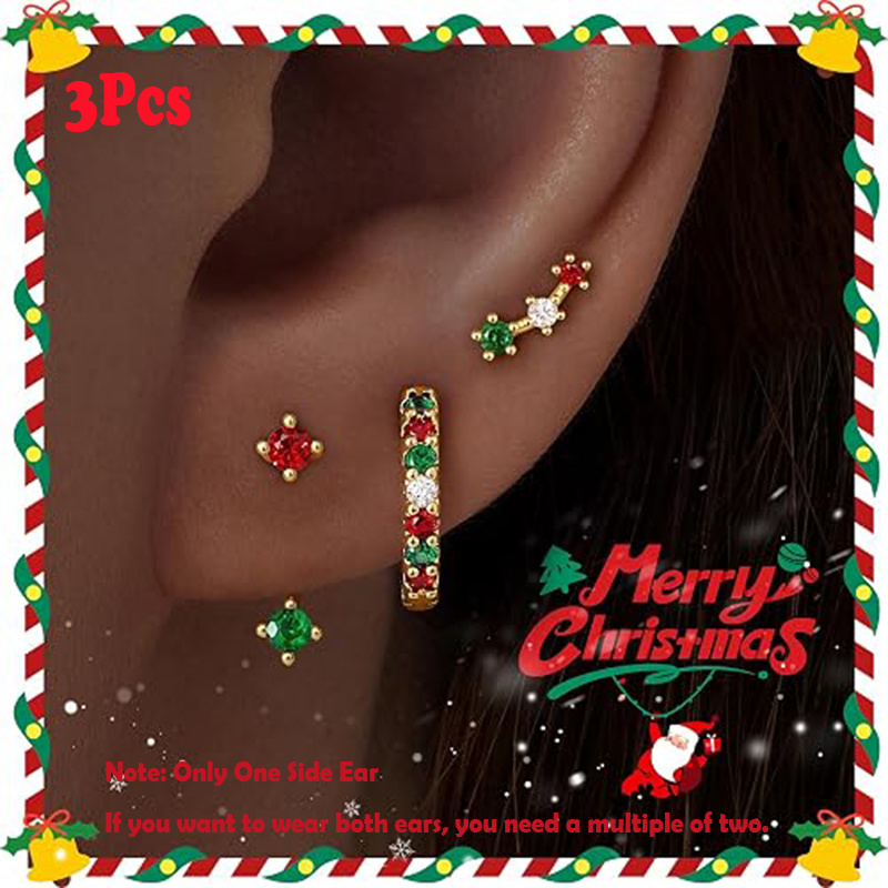TEMU 3pcs Christmas Dainty Mini Stud Earrings Set For Women, Red And Green, Inlaid Synthetic Zirconia, Sparkling Jewelry, Earring Ear For Use,