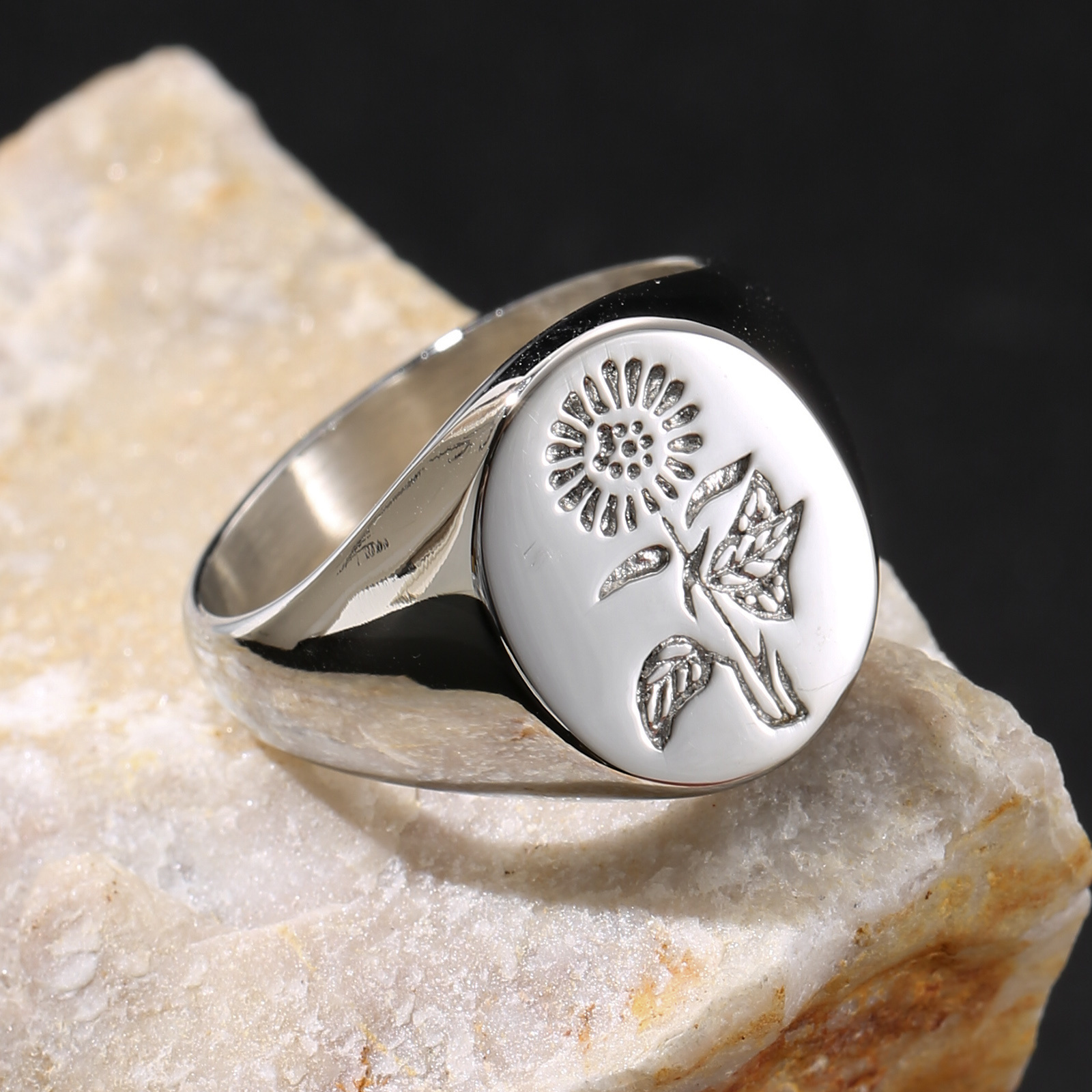 Image of 1pc 304l Stainless Steel Sunflower Engraved Signet Ring 2 Color Options Minimalist Vintage For Men Men' S Ring Ring Gift Vintage Style 304l Stainless Steel Jewelry