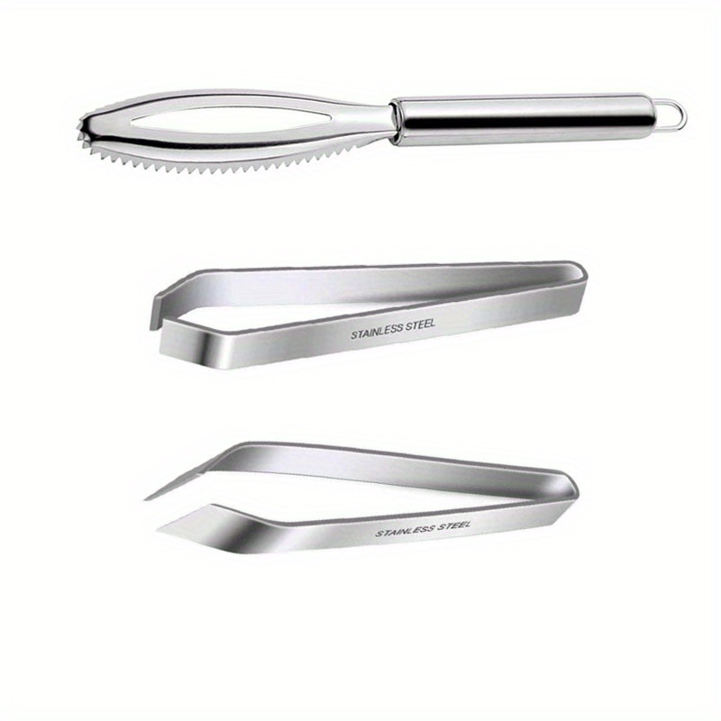 E-shop 3-teiliges Fischschuppenentferner-Set aus Edelstahl, 1 Fischschuppenbürste und 2 Fischgrätenzangen, flache und schräge Edelstahlzangen,