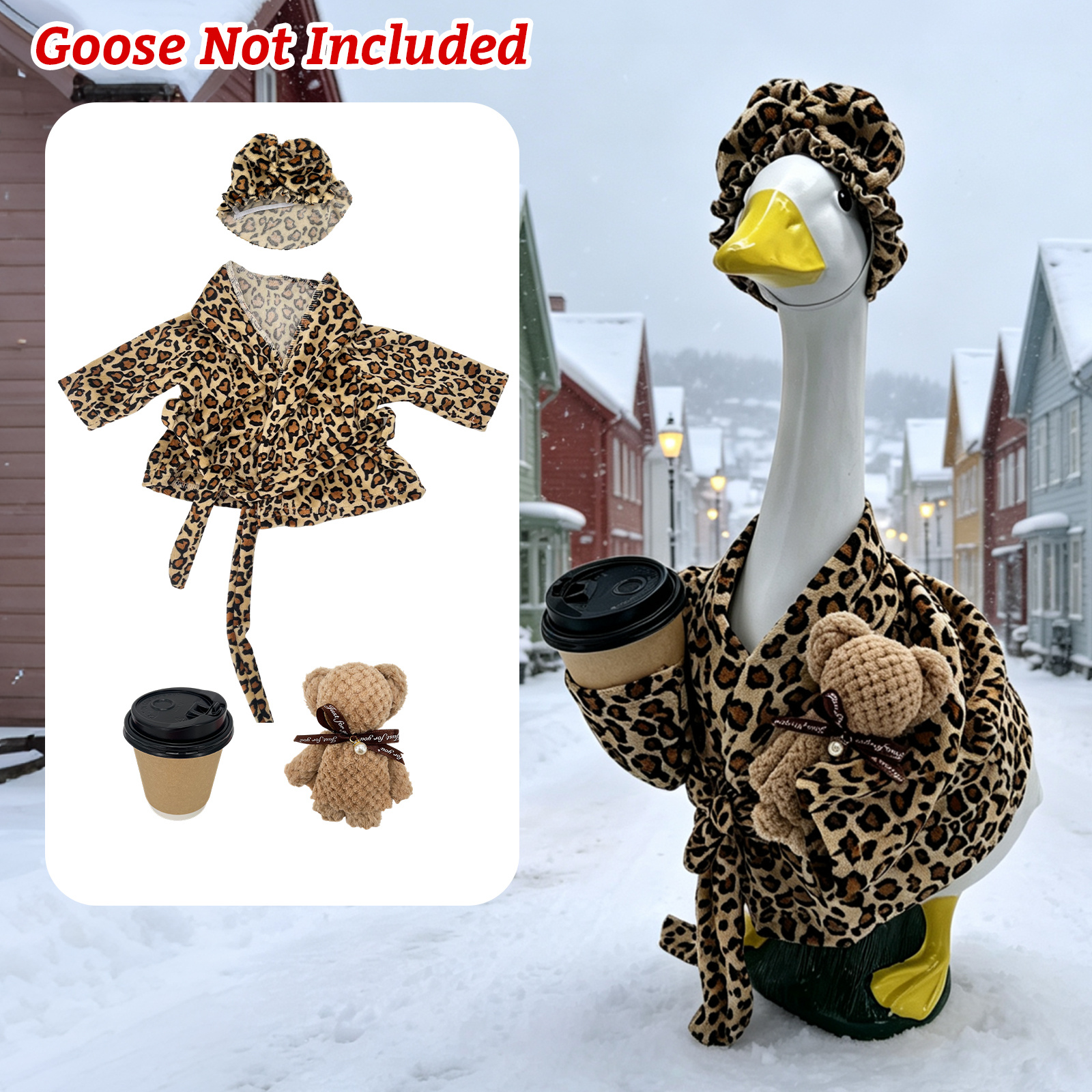TEMU 23-inch Porch Goose Statue Leopard Print Bathrobe 4pcs Set Costume, Sleep Bathrobe Teddy Bear Coffee Cup Decorative Additions, Goose Statue Not