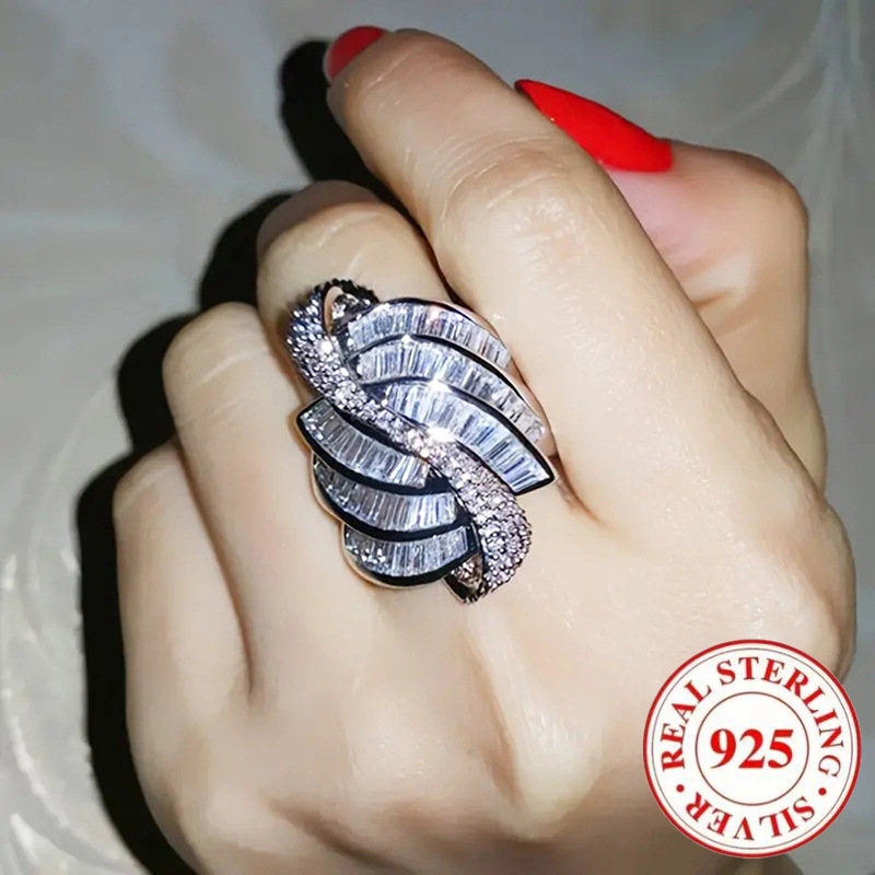 1 buc Inel din argint 925 Sterling, elegant și luxos, cu model geometric, accesoriu de bijuterii pentru femei, potrivit pentru nunți și logodne