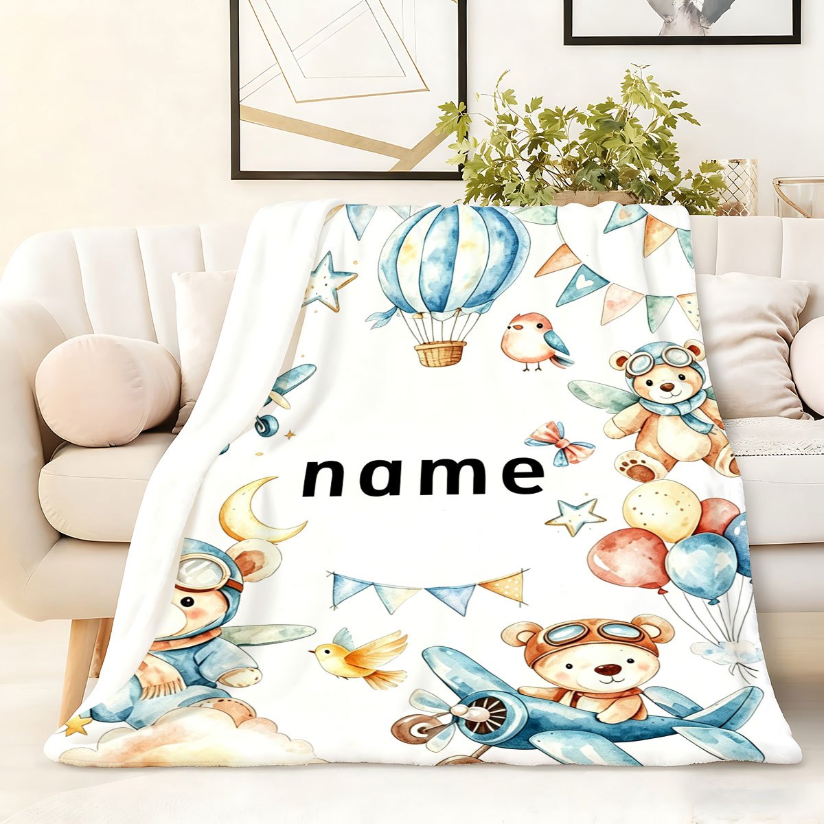 Pilot Bear Airplane Hot Air Balloon Customizable Name Blanket