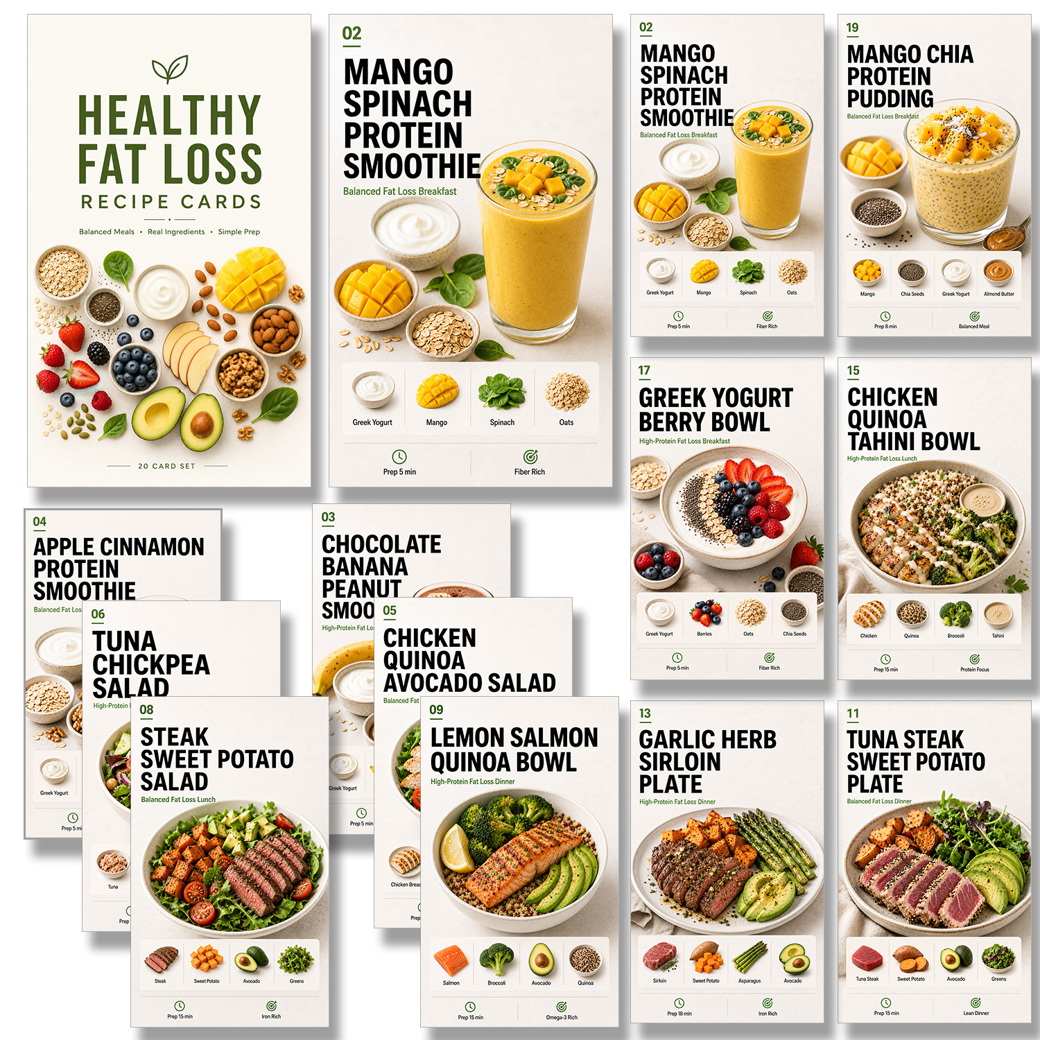 TEMU 20pcs Healthy Fat Loss Recipe Card Set, High Protein Meal Prep Flash Cards With Smoothies, Salads, Bowls, Overnight Oats & Healthy Snacks, Easy