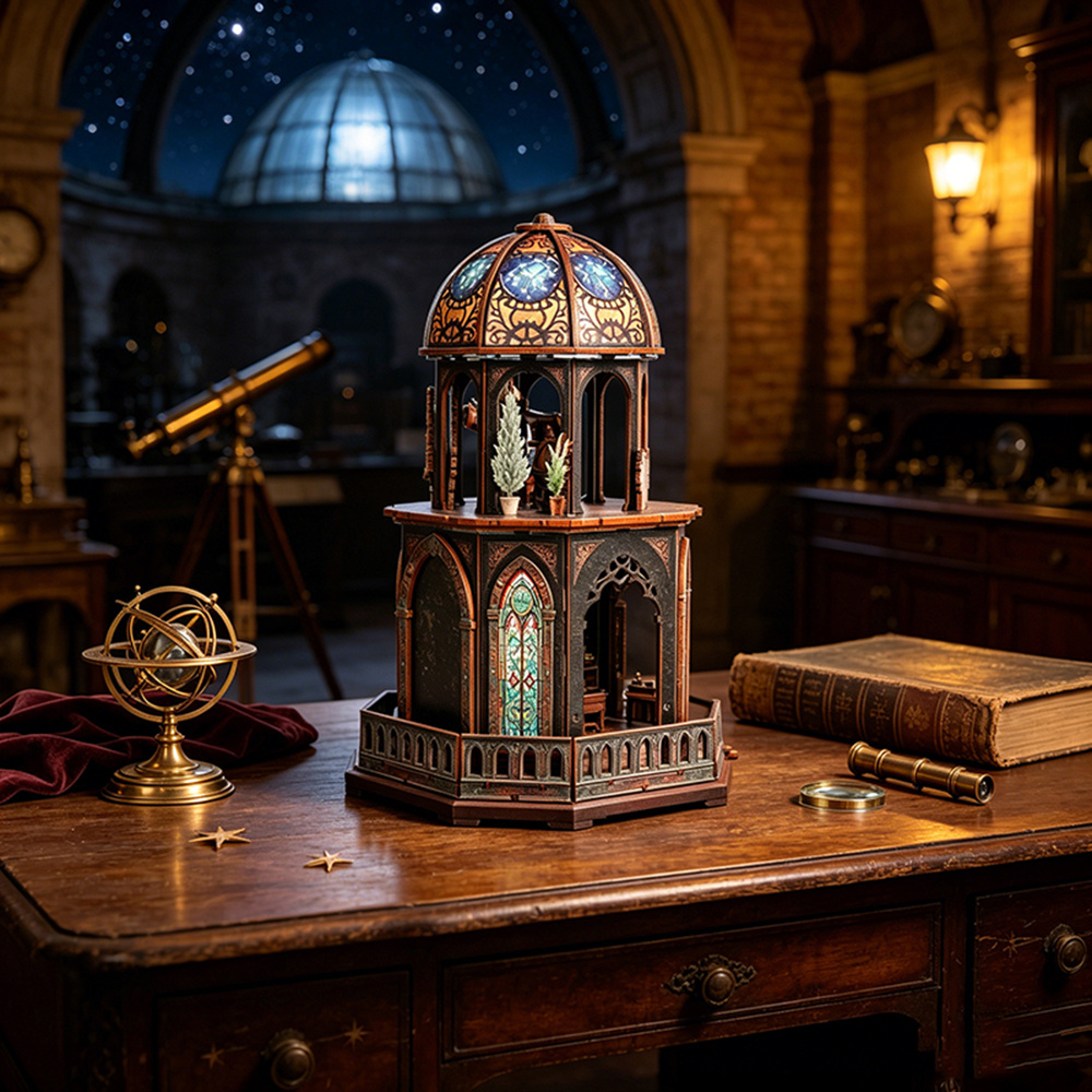 Building Scene Assembly Model Starry Night , Astronomy Book Nook Kit, Hand Assemble Mini Dollhouse Bookend, Celestial Telescope Miniature Bookshelf Decor