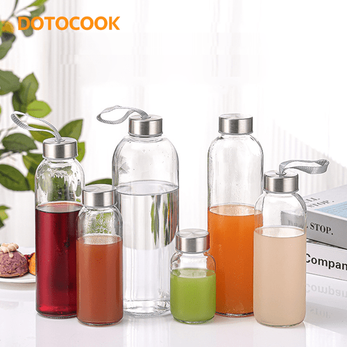 clear glass water bottle with stainless steel screw cap and ribbon leak proof lightweight design cycling and travel reusable for holding juices and beverages convenient for chilling during travel