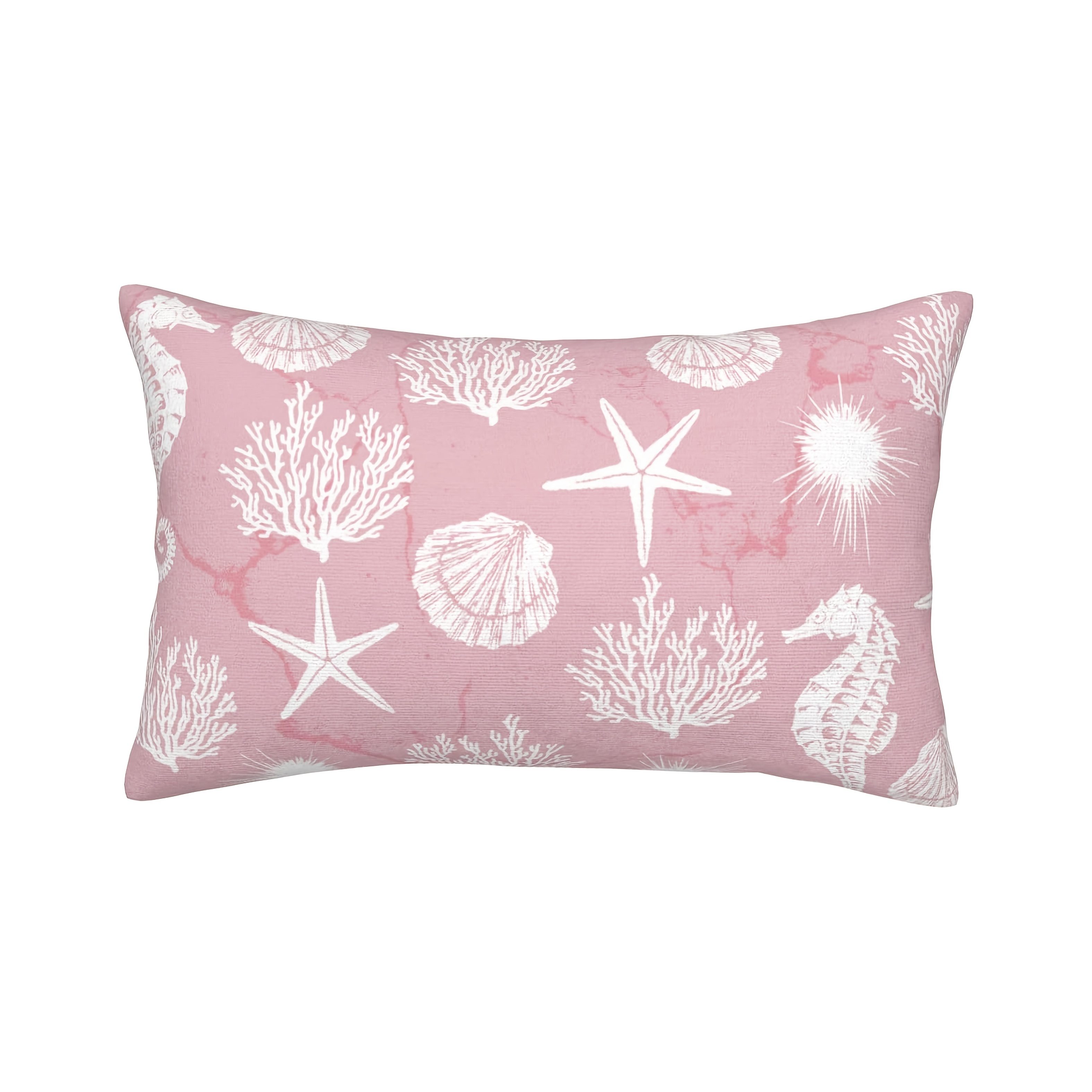 TEMU 1pc Pink Coastal Nautical Throw Pillow Cover Suitable For Sofa Couch, 12x20 Inch White Seahorse Starfish Coral Seashell Print Decorative Cushion