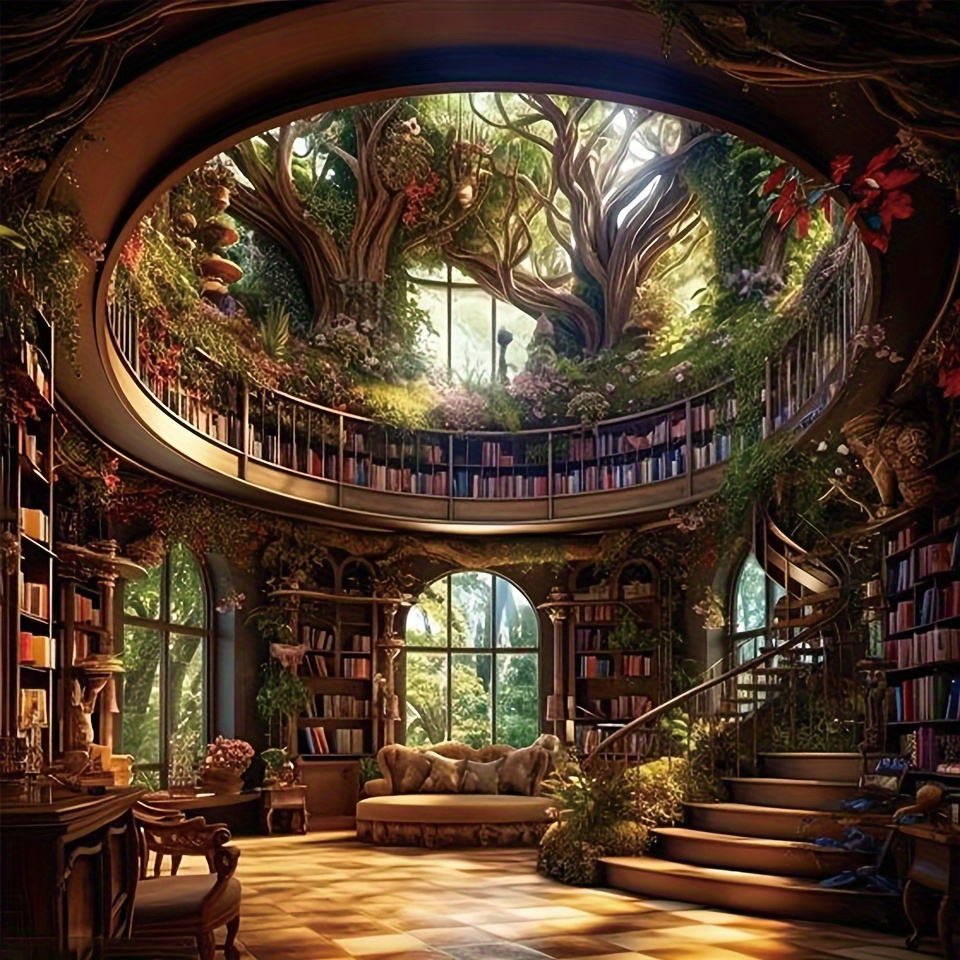 

1pc Forest Library Kit, Round Canvas Art, 11.8x11.8 Inches, Magical Bookshelf & Stairs Scene, Diy Craft For Wall Decor, Gift Idea