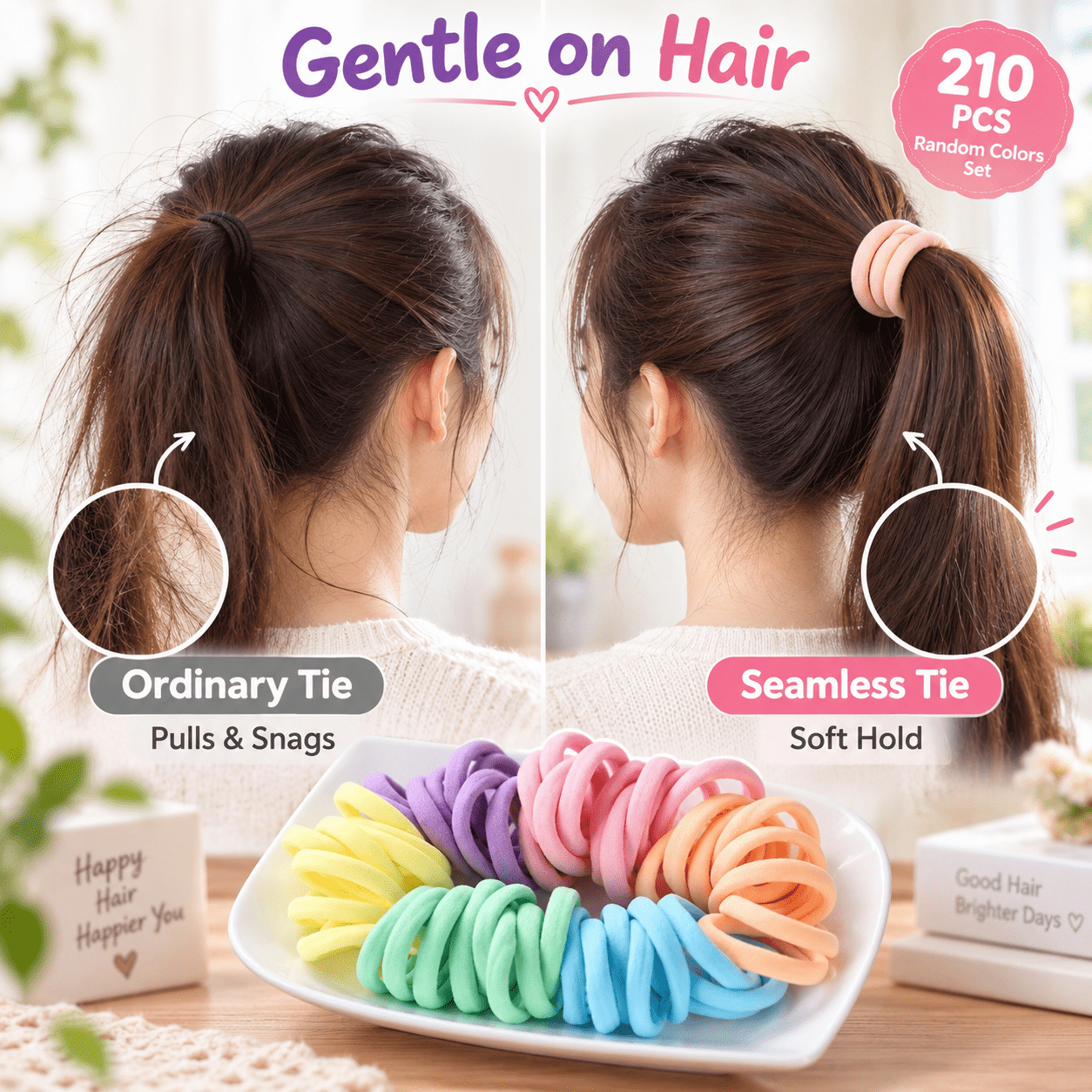 210pcs Random Colour Rainbow-Colored Elastic Hair Ties for Everyday Use