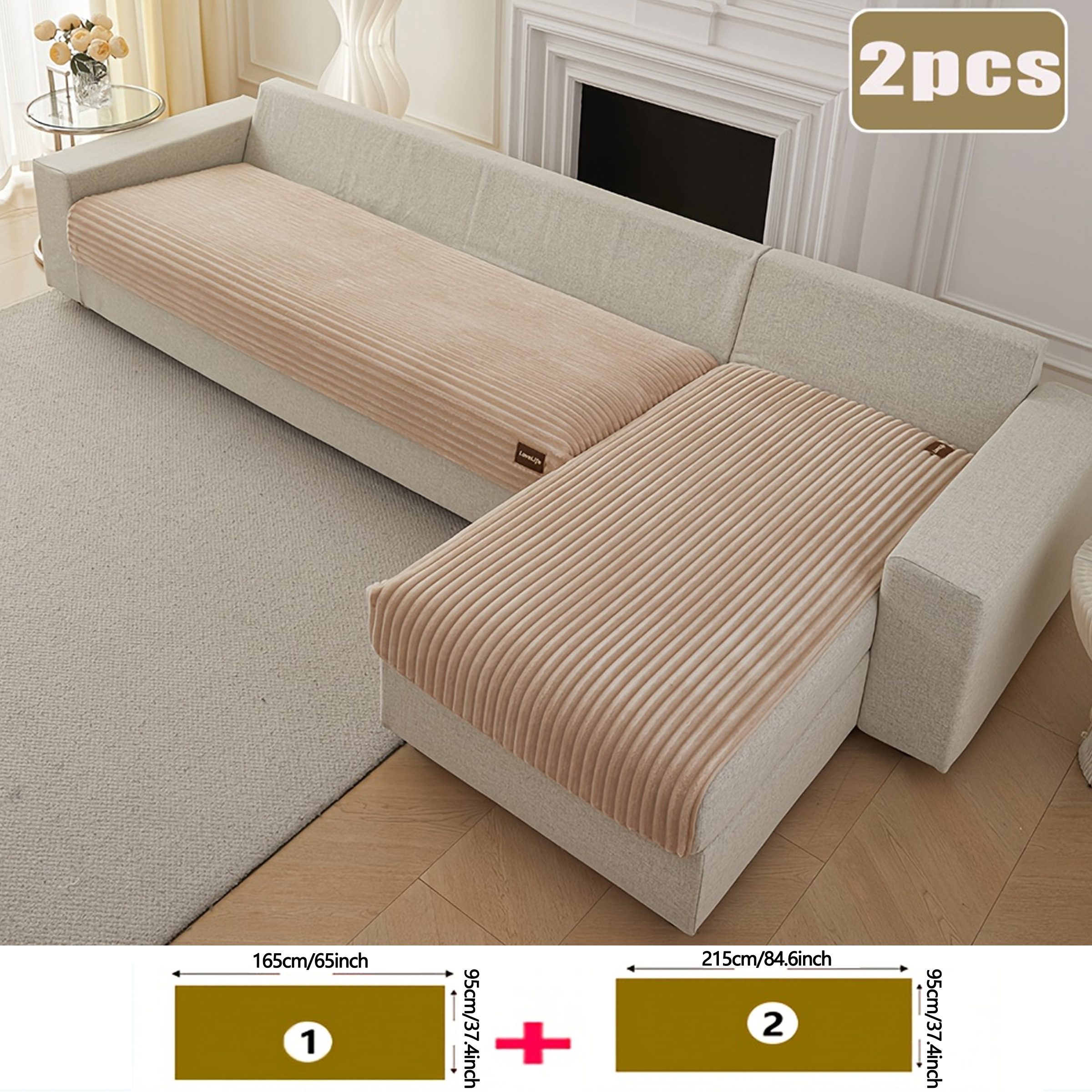 Image of 2pcs Plush Sofa Cover Decoration, Comfortable Fabric, Suitable For , Non-slip Sofa Cover, Ornate Style Sofa Cover, , Dog-friendly, Machine Washable