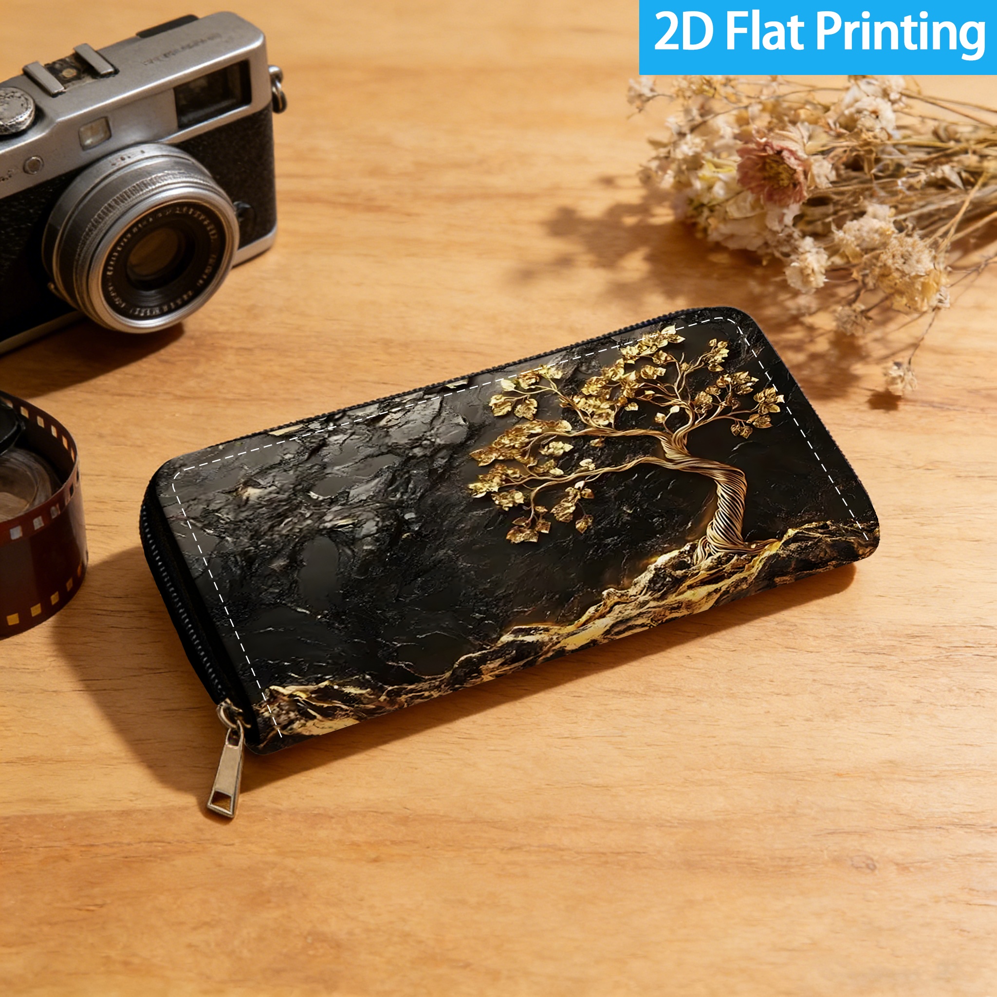 1pc Billetera Larga, Árbol Dorado 2D con Impresión Plana en Fondo Negro, Unisex, con Tirador de Cremallera Dorado y Cremallera Negra, Gran Capacidad, Múltiples Ranuras para Tarjetas, Diseño de Estuche para Bolígrafos Rígido, Billetera de Moda, Adecuada para Viajes de Negocios, Vida Diaria, Regalo de Cumpleaños