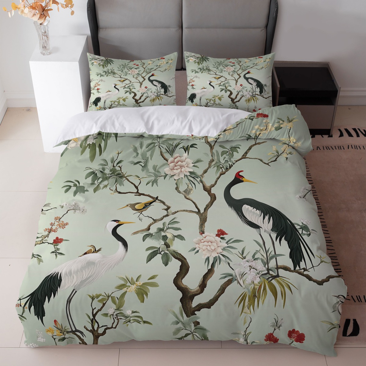 TEMU 3pcs Oriental Crane And Floral Print Bedding Set Light Green   White (1duvet Cover   2pillowcase, Without Core) For Bedroom