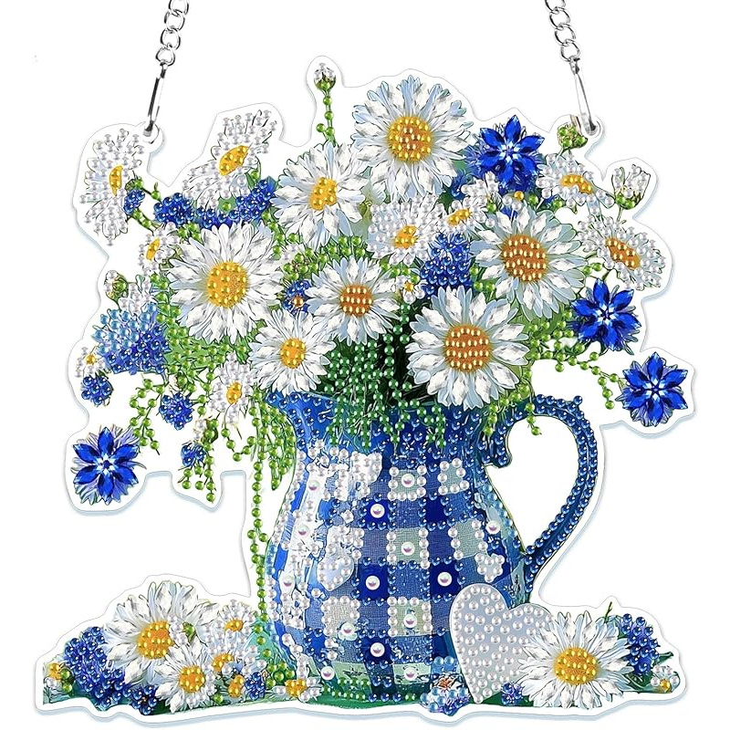 Image of 2d Flowers Hanging Pendant Kits, 5d Special Shape Kits For Adults, Crystal Rhinestones Landscape Diamond Painting Gem Art For Home Garden Wall Decor