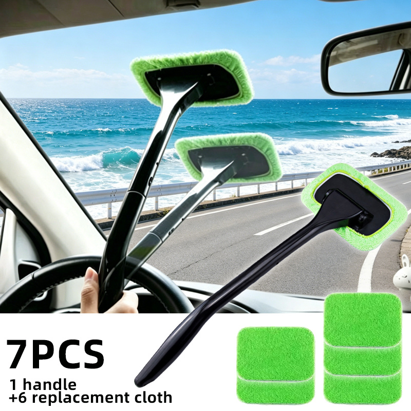 7pcs 1 handle 6 replacement cloths windshield cleaning tool reusable cloth pad car interior window cleaning stick car wiper brush for cleaning dust and stains