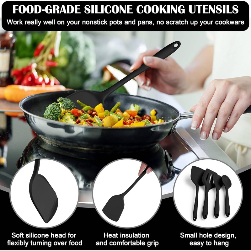14pcs silicone cooking tools set, heat-resistant kitchen utensils for   cookware,   spoons, spatulas, and a whisk, safe for dishwasher use, in black, cooking utensils set, kitchen accessories, kitchen utensil set, kitchen utensils set, spatula set, spoon set, utensil set, utensils set, cooking utensil set, kitchen tools, cooking accessories, utensils holder, cooking supplies, kitchen essentials Product details 3