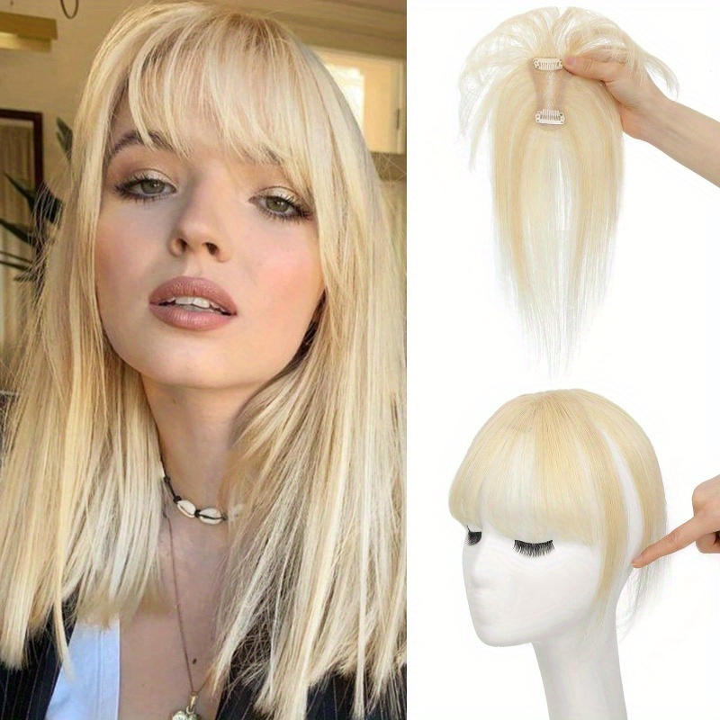 1pc human hair t shaped wig block cover with french bangs straight hair hair topper for women men real human hair easy to tidy match styles elegant     hair wig versatile hairstyle enhancer   cap details 2