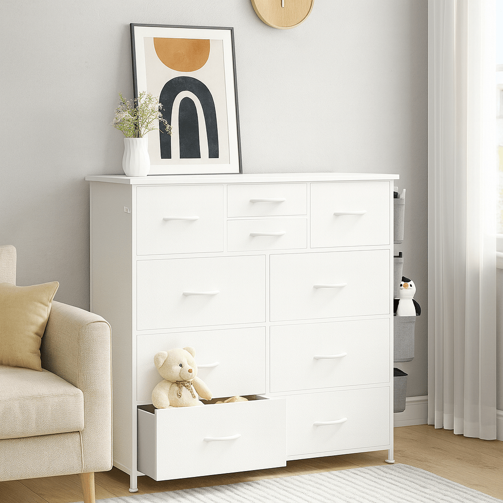 10-Drawer Storage Cabinet with Side Pockets | Wardrobe Organizer Boxes, Suitable for Bedrooms, Entryways, Living Rooms, Black, Contemporary Style, Hardwood and Particle Board Material, OLIXIS Brand