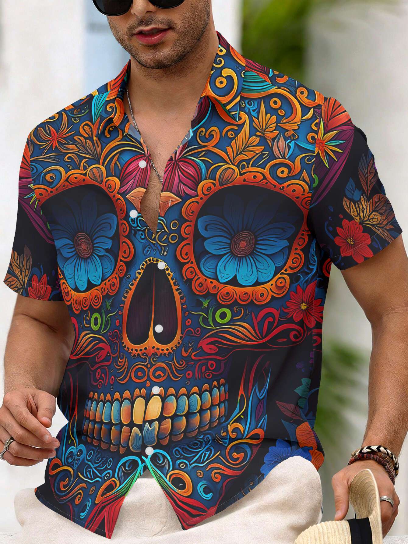 item picture mens casual short sleeve shirt featuring colorful sugar skulls and floral designs       machine washable   up top